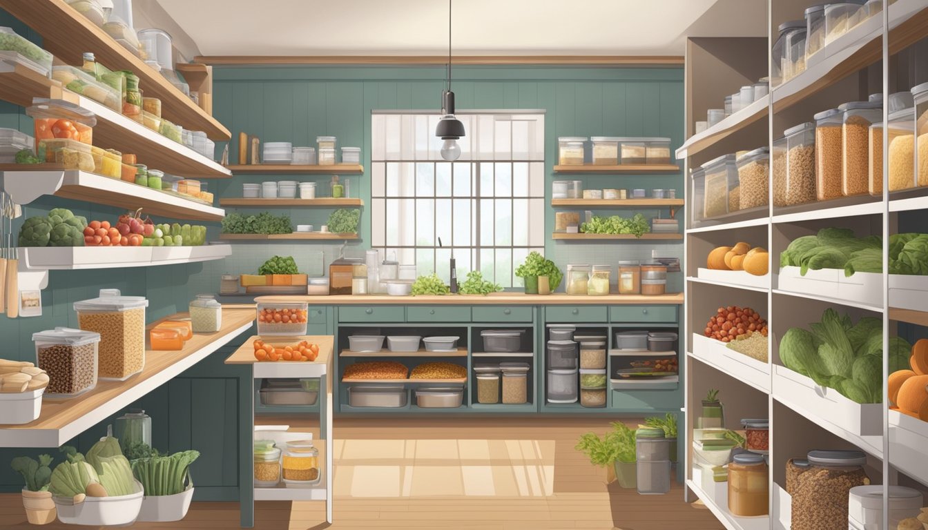 A well-organized kitchen with labeled shelves and bins filled with Feingold-friendly foods, including fresh produce, whole grains, and natural sweeteners