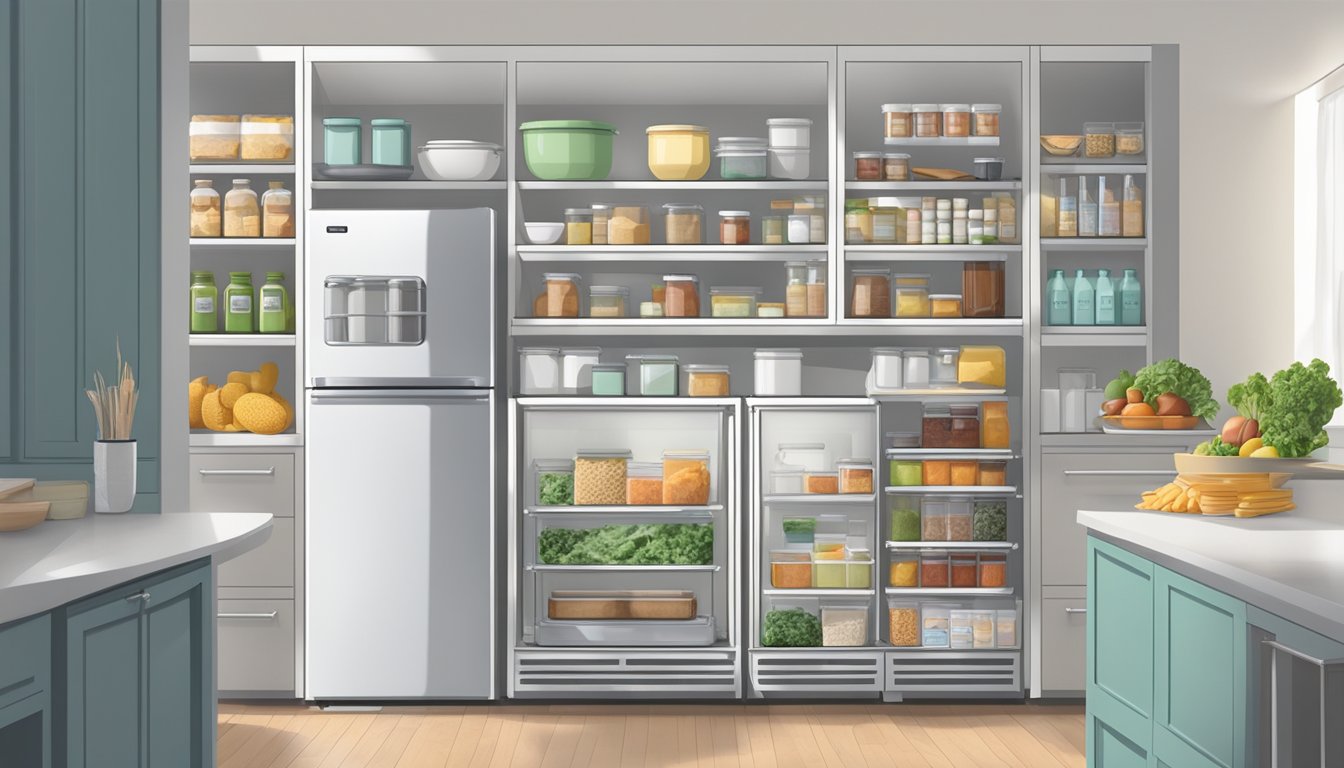 A neatly organized kitchen with labeled containers of low oxalate foods, a clear pantry, and a well-arranged fridge