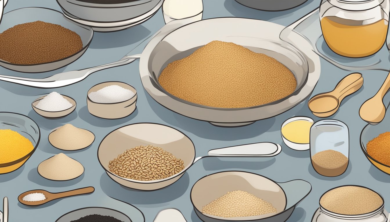 A well-lit kitchen counter with organized bowls of vital wheat gluten, seasonings, and mixing utensils for seitan preparation