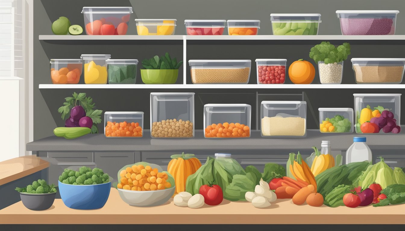 A well-organized kitchen with labeled containers of fresh produce, grains, and proteins. A meal plan pinned to the fridge, and a colorful array of fruits and vegetables on the countertop