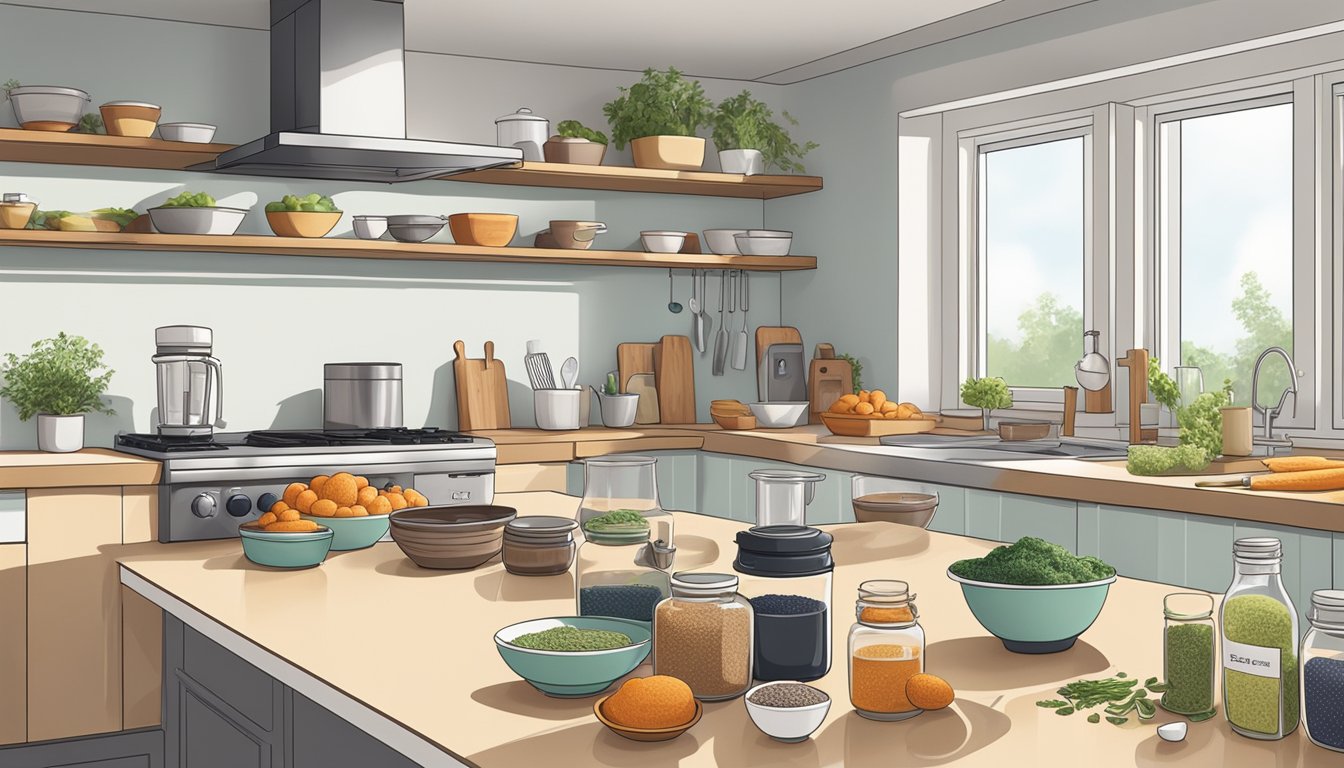 A clean, spacious kitchen counter with neatly arranged bowls of ingredients, a mixer, and various utensils for seitan making