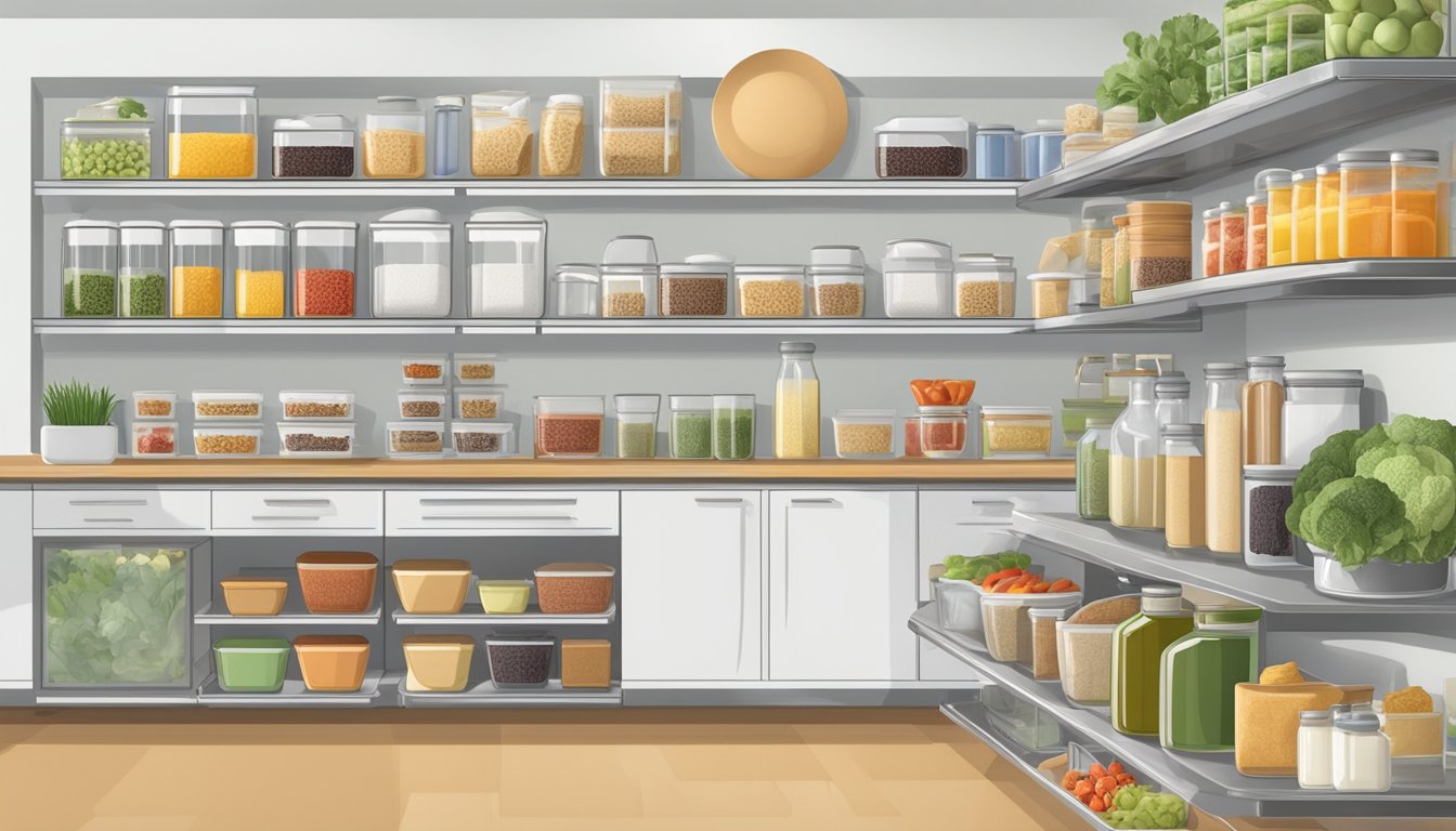 A well-organized kitchen with labeled shelves and containers for Feingold diet-friendly ingredients. Separate areas for different food groups and clear signage for dietary restrictions