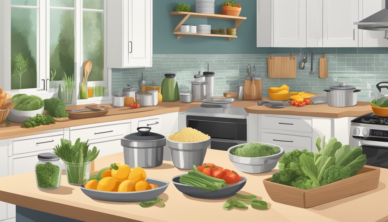 A well-organized kitchen with labeled containers of low oxalate ingredients, fresh produce, and a variety of cooking utensils neatly arranged on the countertops