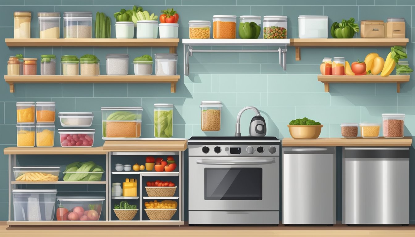 A well-organized kitchen with labeled containers for low oxalate foods, a clear pantry with labeled shelves, and a neatly arranged refrigerator with fresh produce