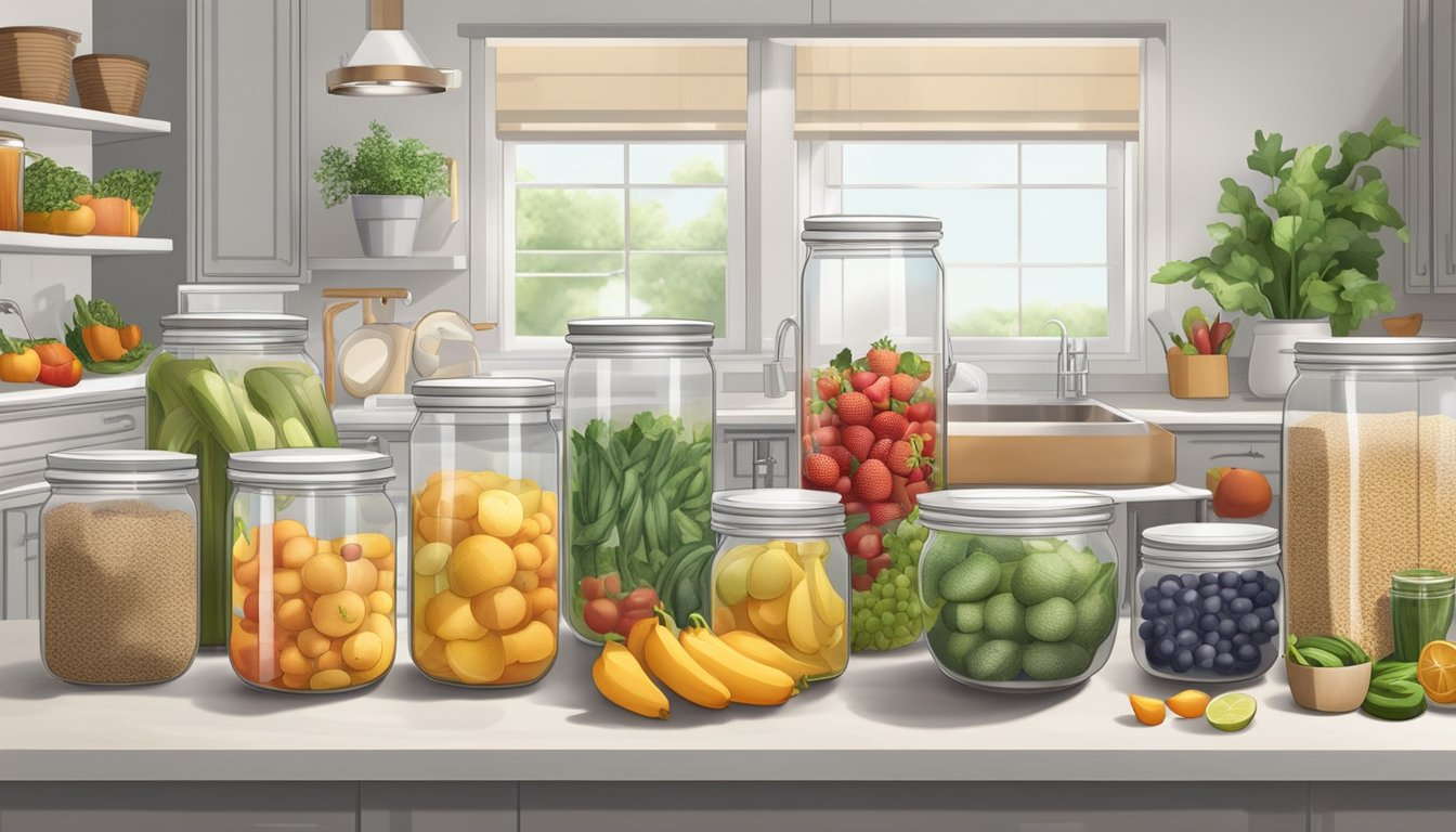 A well-organized kitchen with labeled containers of fresh fruits, vegetables, and whole grains, along with a clear and clutter-free countertop