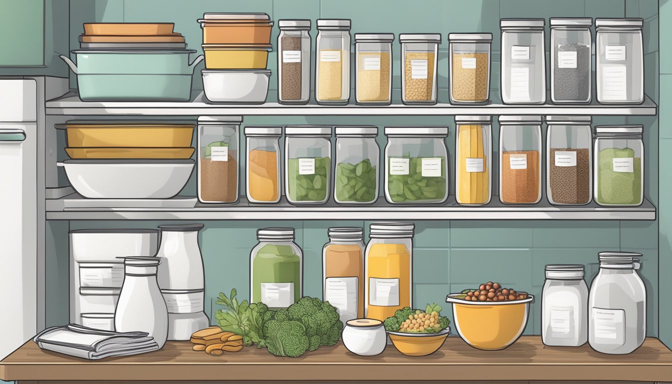 A well-organized kitchen with labeled containers of low oxalate foods, a clear menu plan, and a stack of recipe books for a low oxalate diet