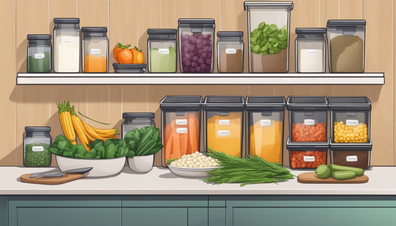 A neatly organized kitchen with labeled containers of fresh produce, grains, and spices. A meal prep station with cutting boards and knives