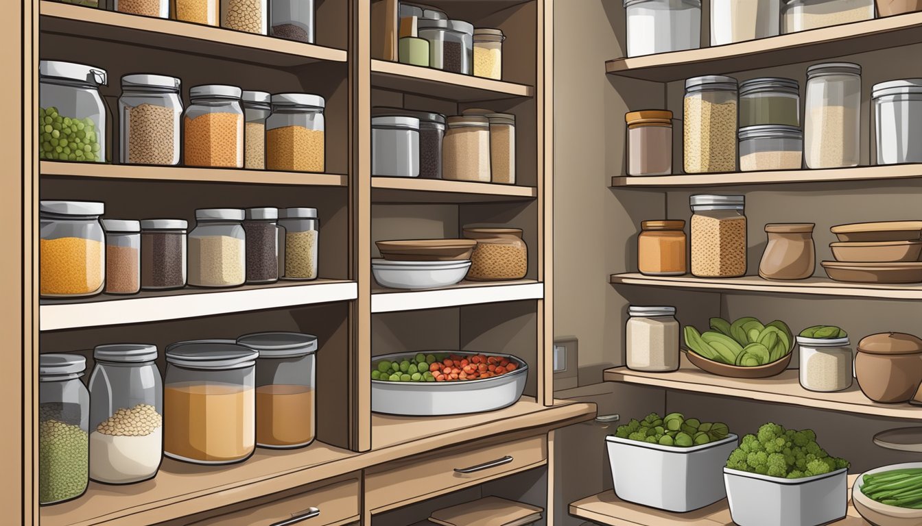 A well-organized kitchen pantry with shelves stocked with whole grains, lean proteins, fruits, and vegetables for a TLC diet