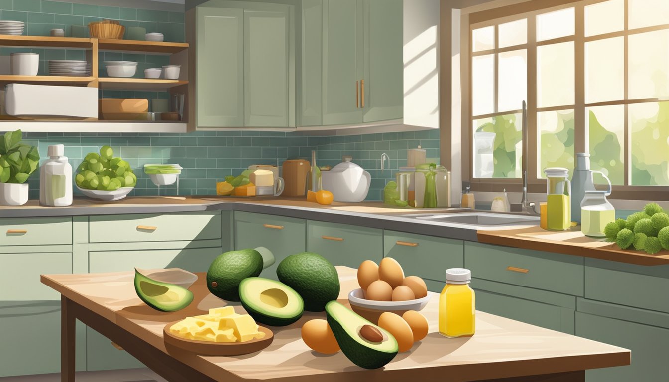 A well-organized kitchen with avocados, nuts, olive oil, and fish on the counter. Fridge filled with eggs, yogurt, and cheese