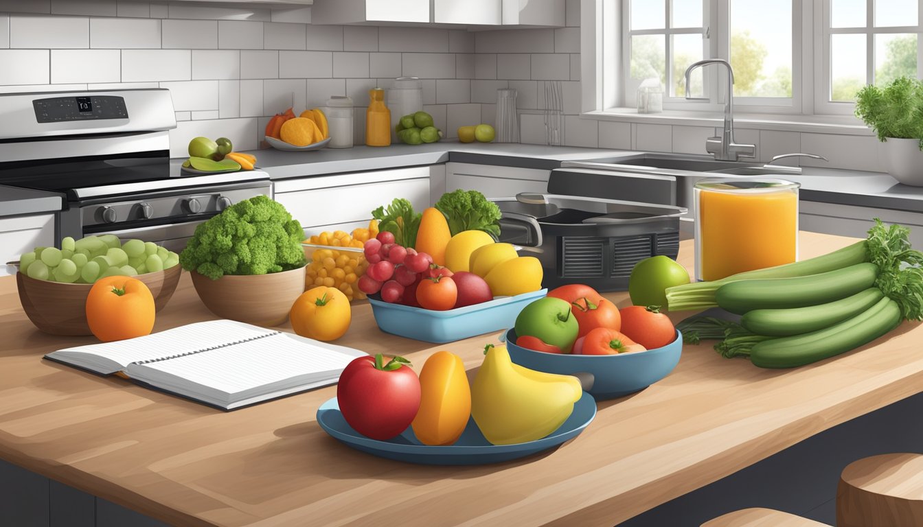 A kitchen counter with colorful fruits, vegetables, and lean proteins neatly organized in containers, with a meal planner and recipe book nearby