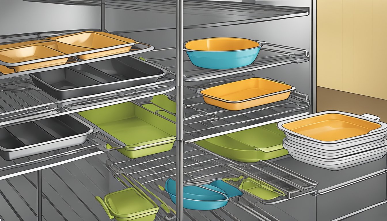 Various roasting pans and baking dishes neatly organized in a multi-purpose storage solution