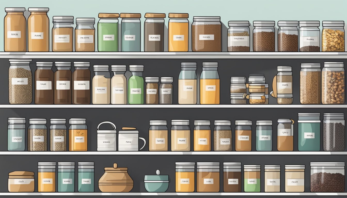 A neatly organized pantry shelf with labeled containers of various tea and coffee products, including canisters, jars, and boxes