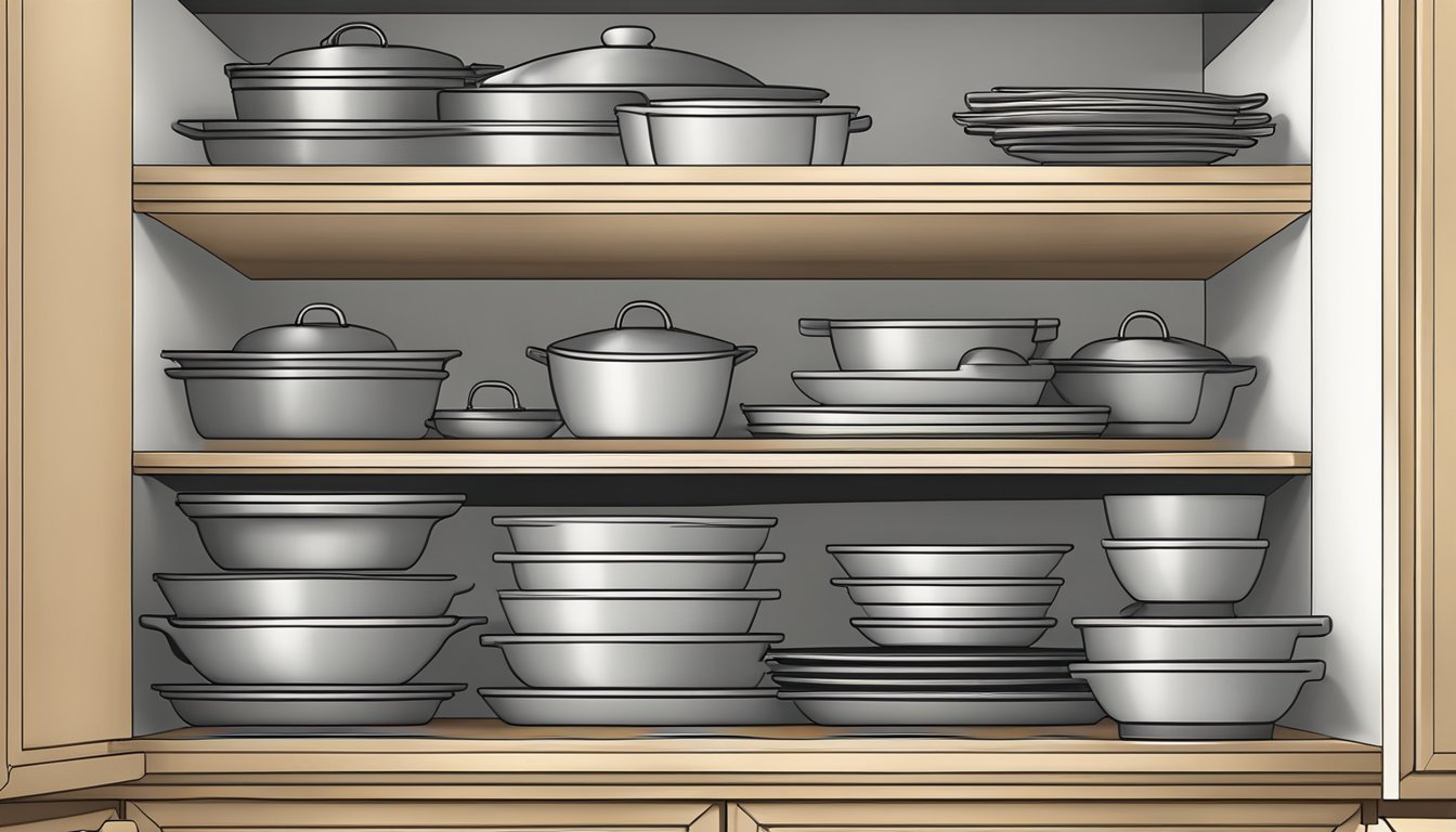 Stacked roasting pans and baking dishes neatly organized in a kitchen cabinet