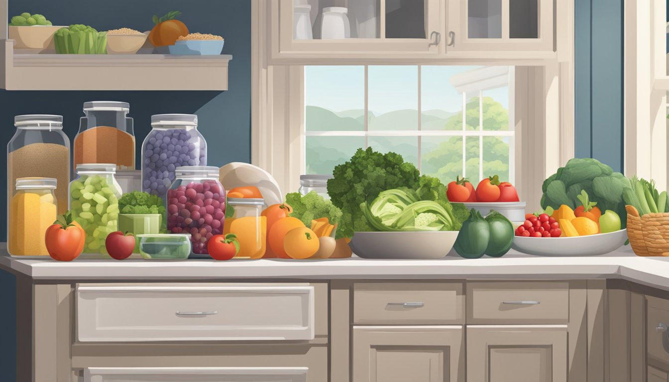 A well-organized kitchen with labeled containers of fresh produce, whole grains, and lean proteins. A colorful array of fruits and vegetables arranged on the counter