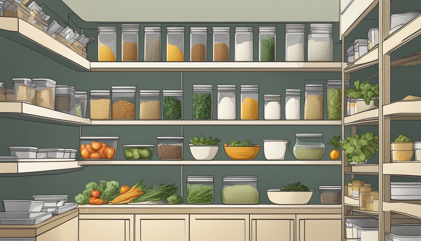 A neatly organized kitchen with labeled containers of fresh produce, a variety of whole grains, and an assortment of herbs and spices neatly arranged on shelves and in drawers