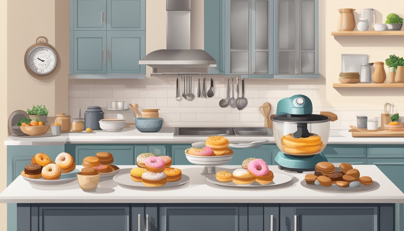 The kitchen is organized with a donut maker on the counter, surrounded by ingredients and utensils. The dining table is set with elegant dinnerware and a centerpiece