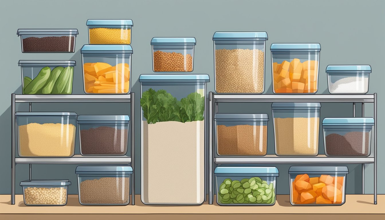 A well-organized kitchen with fresh produce, whole grains, and lean proteins neatly arranged in clear containers and labeled for easy access