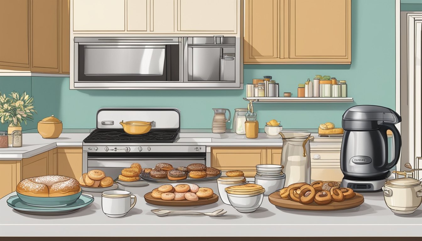 The kitchen counter is cluttered with ingredients and utensils, while the donut maker sits ready to be used. The table is set with elegant dinnerware and a decorative centerpiece