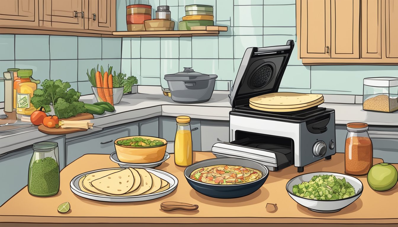 Fresh ingredients neatly arranged around a quesadilla maker on a clean, organized kitchen counter. A stack of tortillas, bowls of cheese, vegetables, and meats, ready for assembly