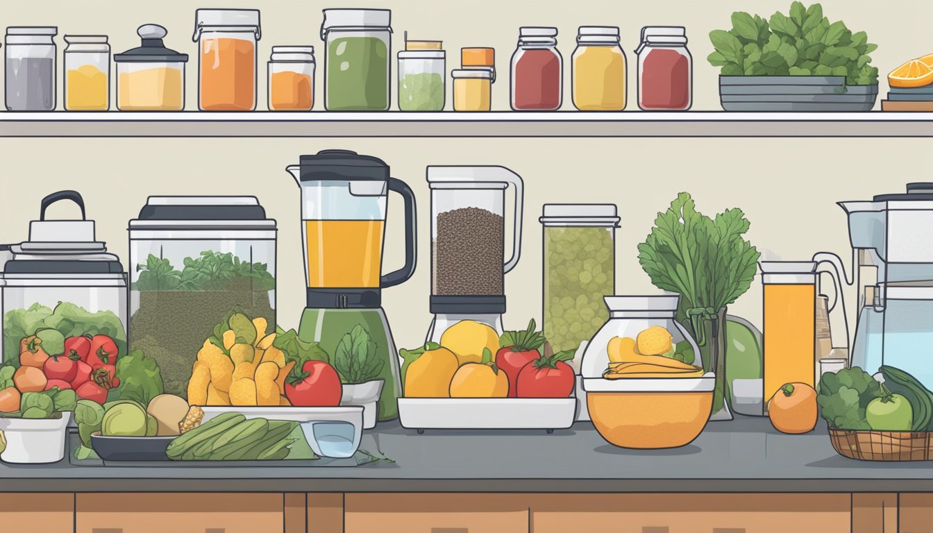 A well-organized kitchen with fresh fruits, vegetables, whole grains, and lean proteins neatly arranged in clear containers and baskets. A water filter pitcher and herbal teas sit on the counter, while colorful cookbooks line the shelves