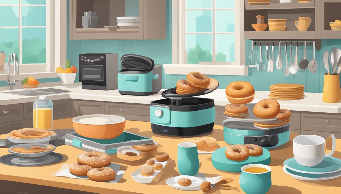 A well-organized kitchen with a donut maker on the counter, surrounded by neatly arranged cooking utensils, ingredients, and serving platters for a dinner party