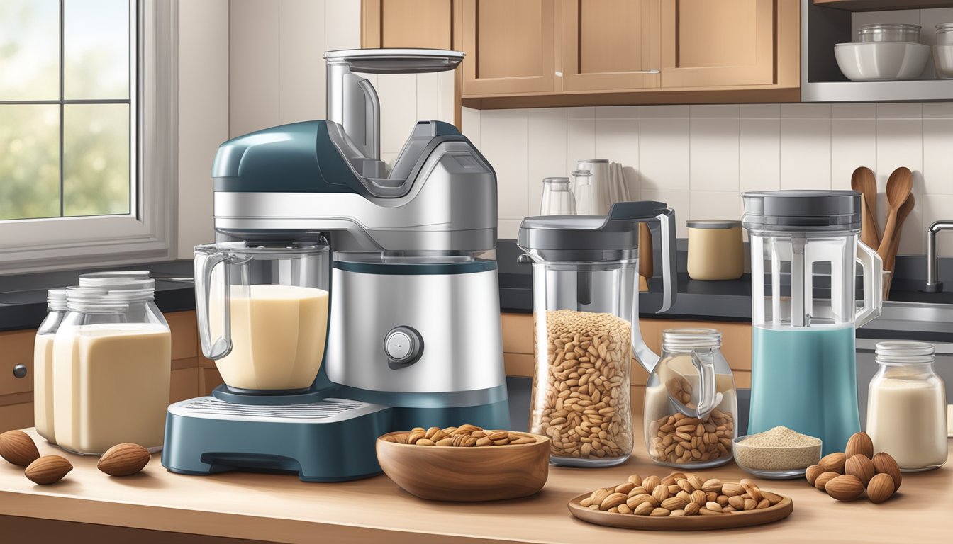 A sleek, organized kitchen counter with a variety of nuts, a blender, and glass bottles for storing homemade nut milks