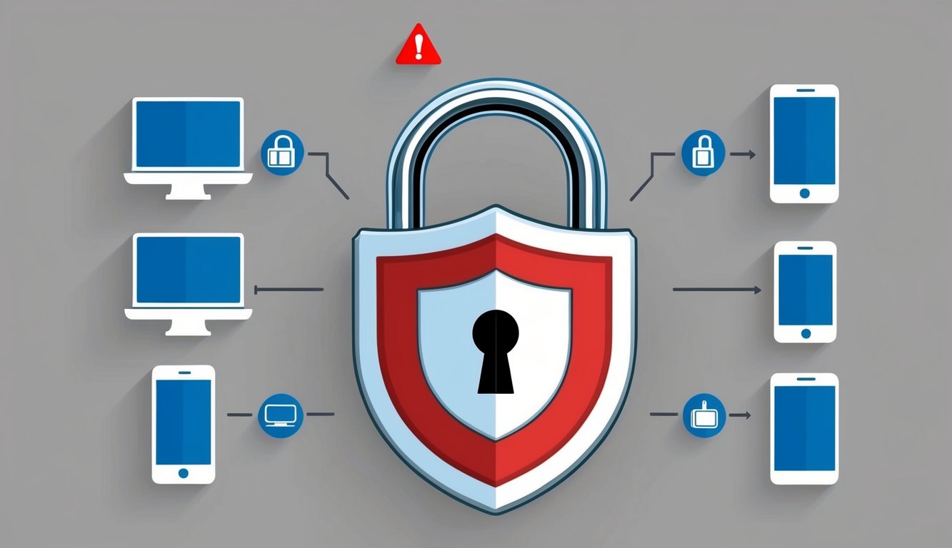 一個帶有盾牌符號的掛鎖，周圍有電腦和智能手機圖標，上方有一個紅色警告標誌