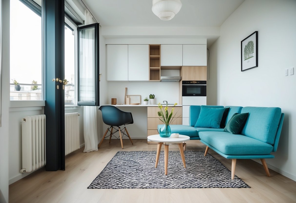 Eine kleine Wohnung, die mit minimalistischer Dekoration und platzsparenden Möbeln eingerichtet wird.