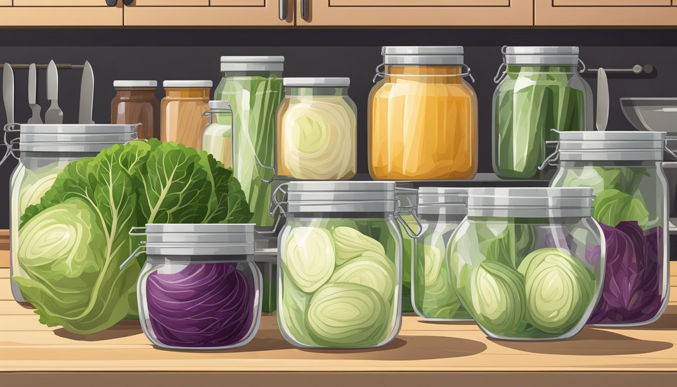 A clean, spacious kitchen counter with neatly arranged jars, cutting boards, knives, and cabbage ready for sauerkraut making