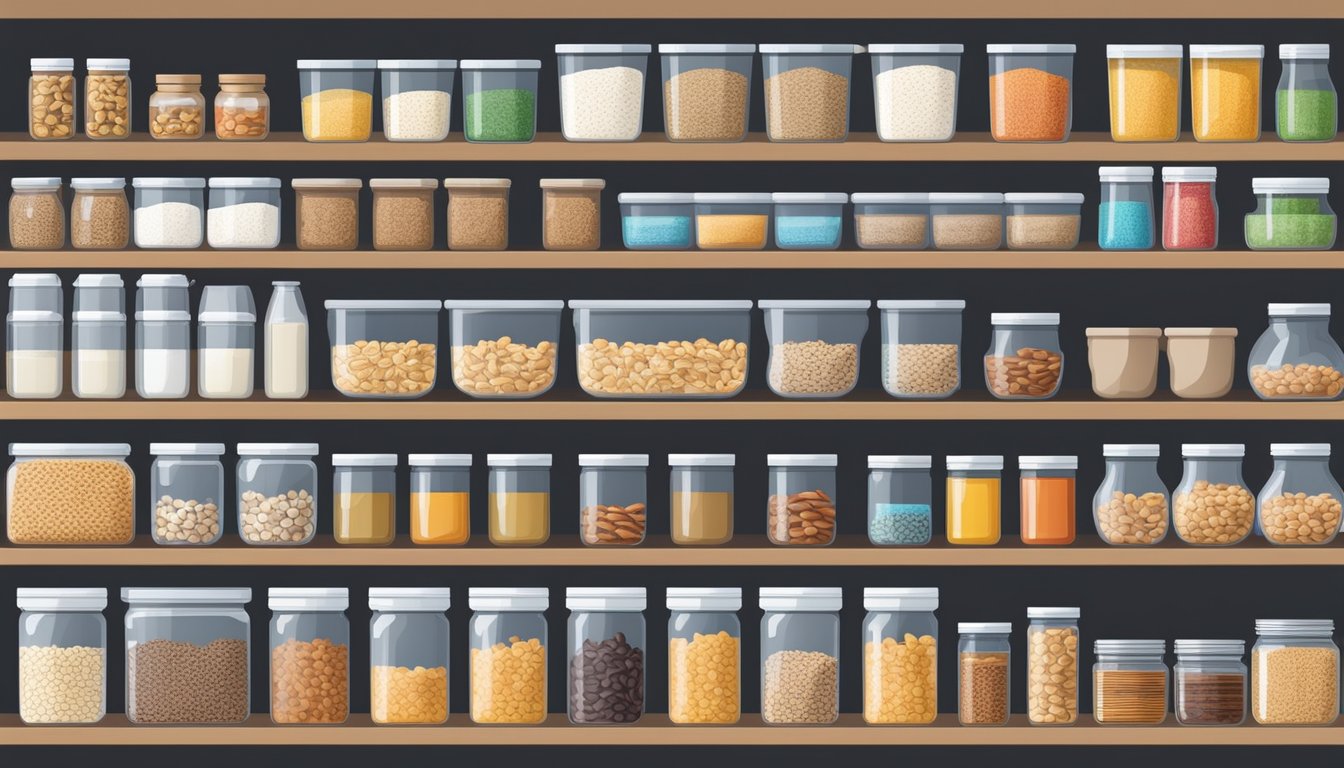 A neatly organized pantry shelf with labeled containers of cereal and granola, baskets for easy access, and adjustable shelves for efficient storage