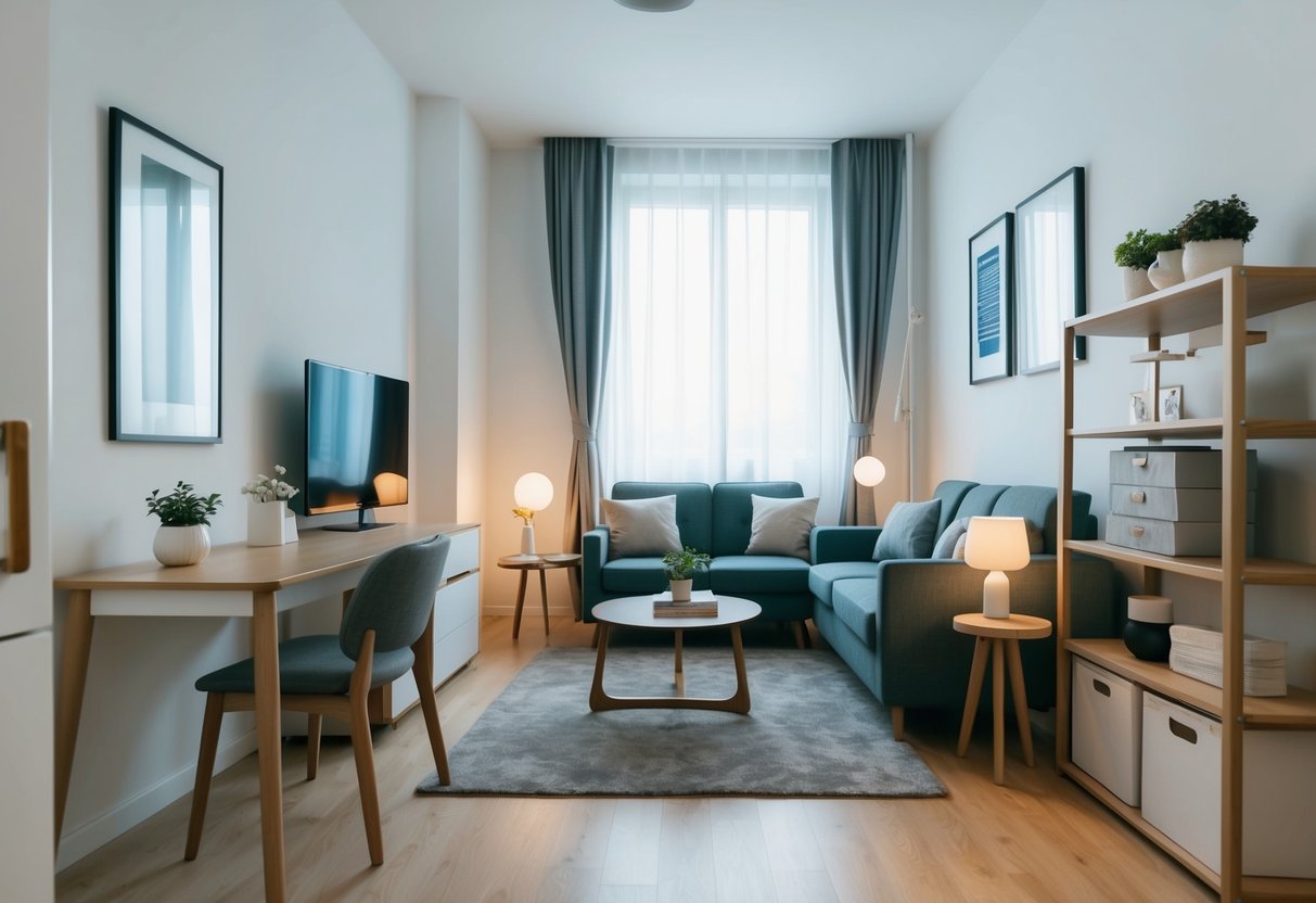 Eine kleine, gut organisierte Studiowohnung mit platzsparenden Möbeln und cleveren Stauraumlösungen