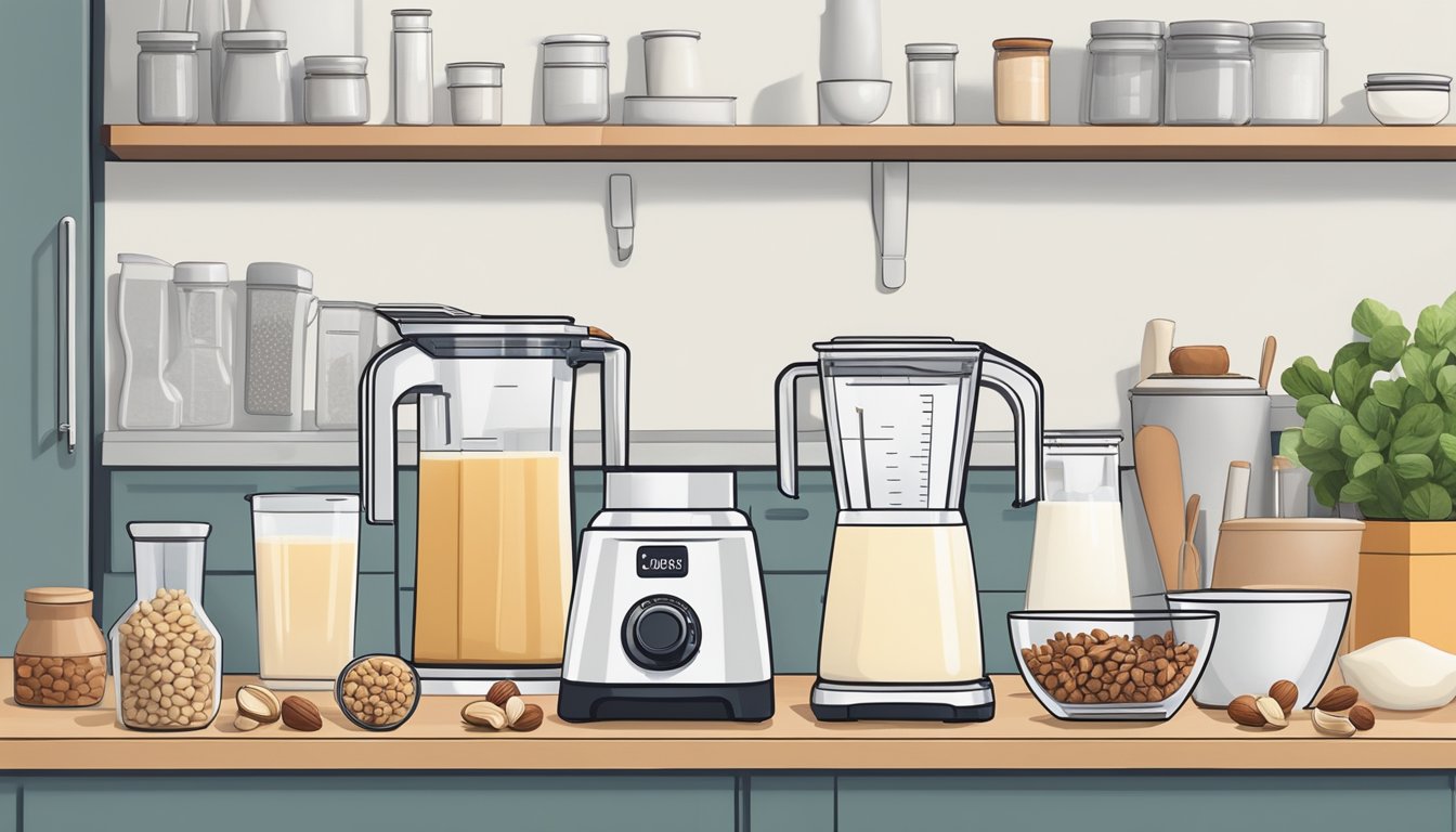 A clean, organized kitchen counter with a blender, nut milk bag, measuring cups, and various nuts and seeds neatly arranged for making nut milk