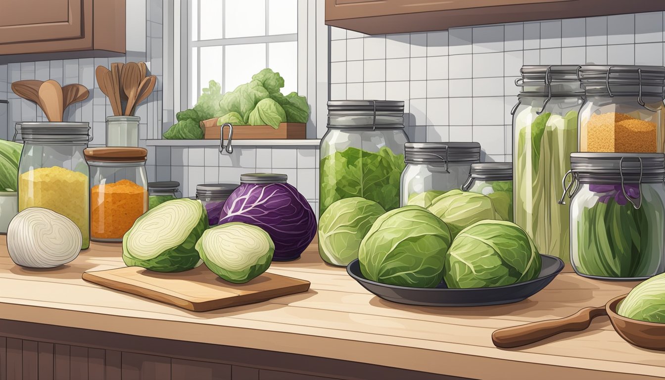 A clean, spacious kitchen counter with bowls, cutting boards, knives, and jars of cabbage, salt, and spices arranged in an orderly manner for sauerkraut making