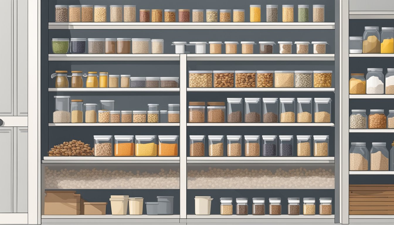 A well-organized pantry with labeled containers of cereal and granola neatly arranged on shelves, with clear storage solutions for easy access and visibility