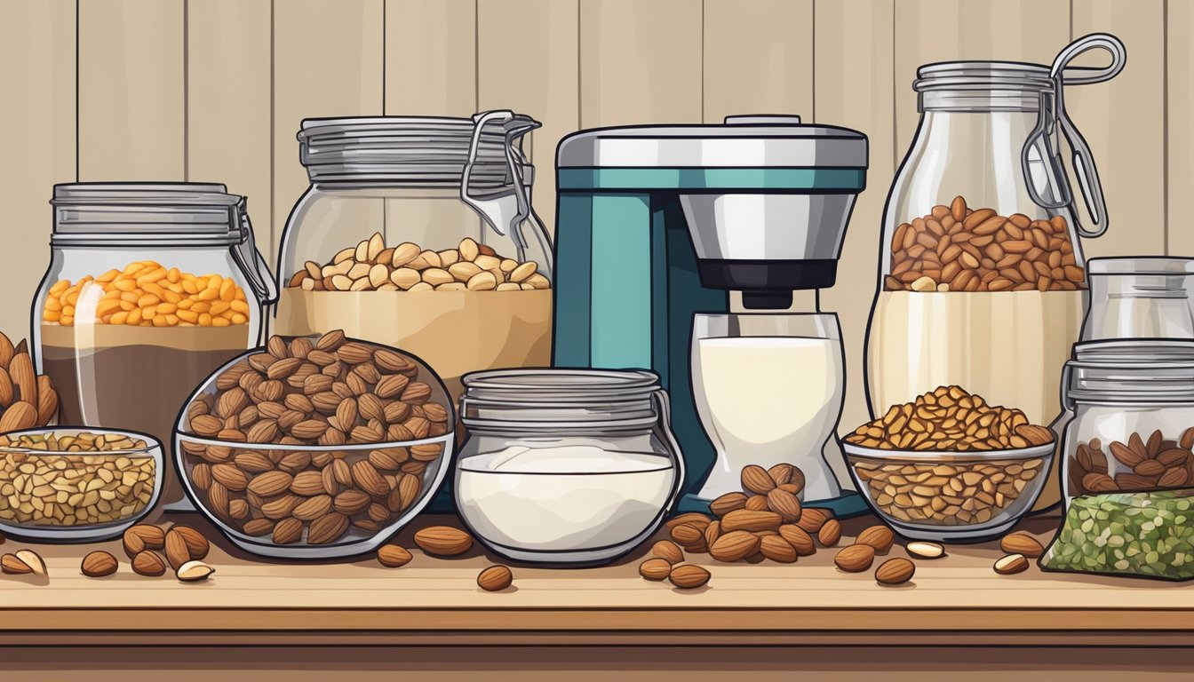 A neatly arranged kitchen counter with bowls of assorted nuts and seeds, a blender, nut milk bags, and glass bottles for storing the finished product