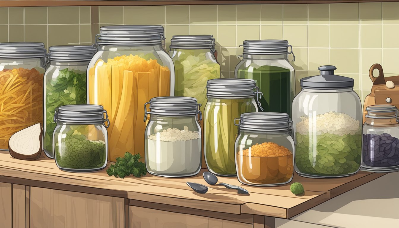 A well-lit kitchen counter with neatly arranged jars, cutting boards, and fermentation crocks for making sauerkraut. Various utensils and ingredients are organized and easily accessible