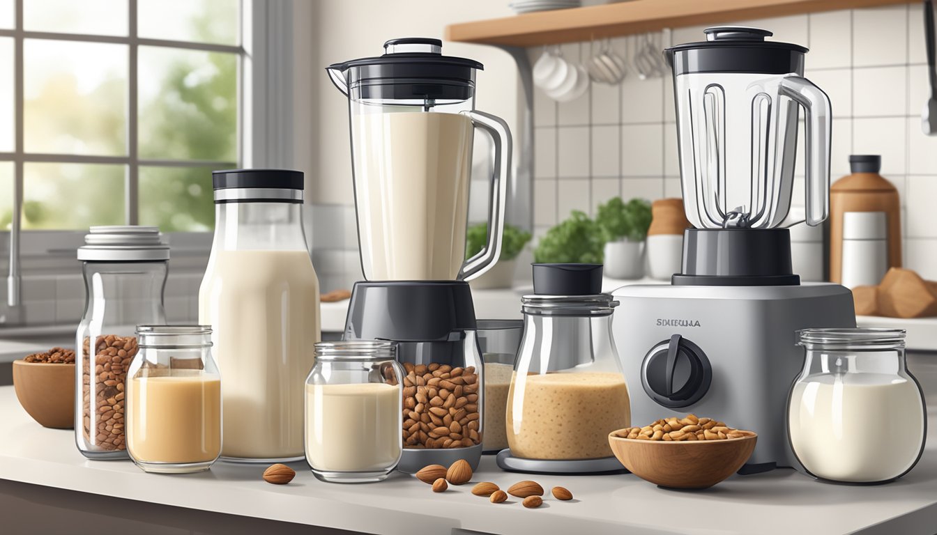 A clean, organized kitchen counter with a variety of nuts, a blender, and glass bottles neatly arranged for making nut milk