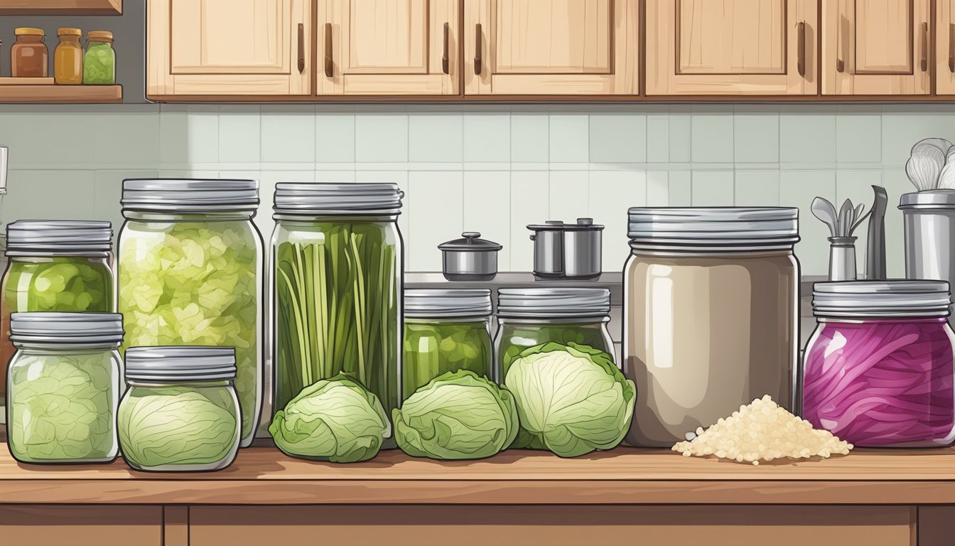 A clean, spacious kitchen counter with neatly arranged jars, bowls, and utensils for making sauerkraut. A cutting board, cabbage, and salt are ready for use