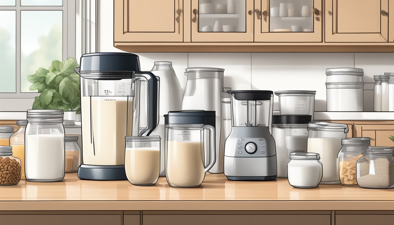 A clean, organized kitchen counter with a blender, nut milk bags, various add-ins, and labeled containers for storing homemade nut milk