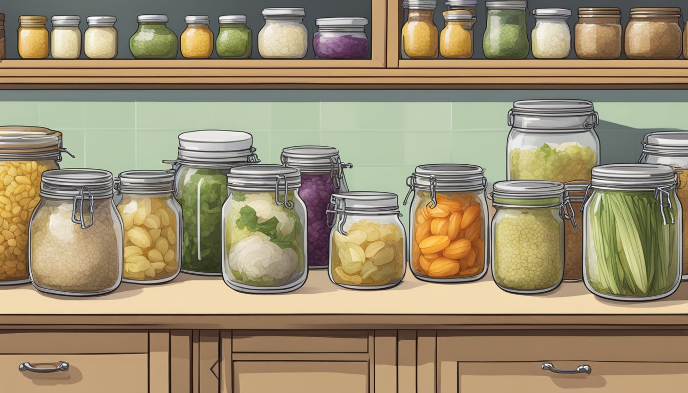 A well-lit kitchen counter with jars of fermenting sauerkraut, various utensils, and neatly labeled ingredients organized in a row