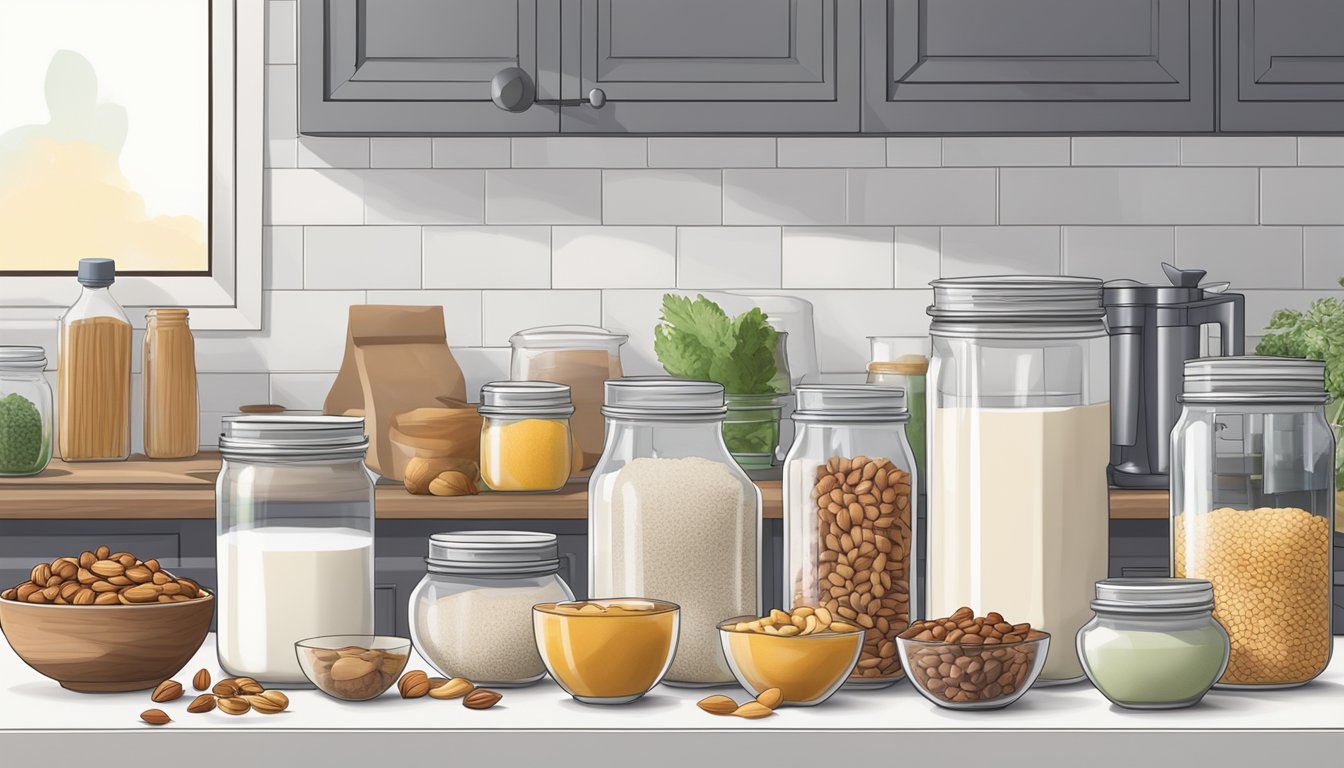 A clean, organized kitchen counter with a blender, nut milk bags, glass jars, and various nuts and seeds neatly arranged