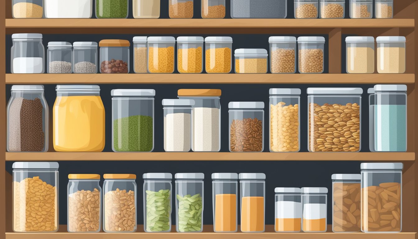 A neatly organized pantry shelf with labeled containers holding various types of cereal and granola. Baskets and bins are used for easy access and storage