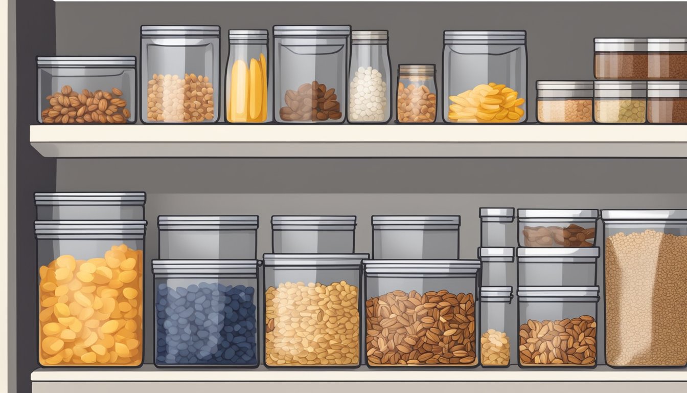 A neatly organized pantry shelf with stackable containers of cereal and granola, maximizing space