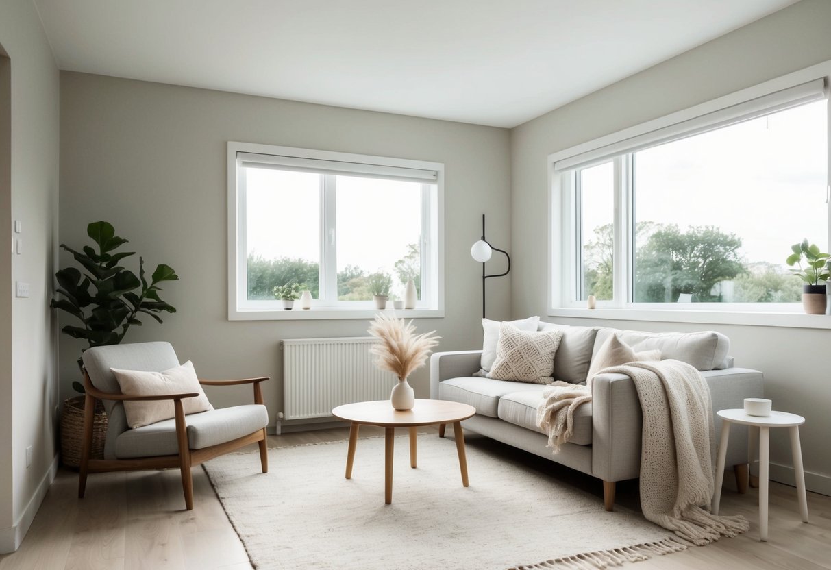 Ein gemütliches skandinavisches Wohnzimmer mit minimalistischen Möbeln, natürlichen Materialien und sanften, neutralen Farben. Ein großes Fenster lässt viel natürliches Licht herein, und eine gemütliche Decke liegt über einem bequemen Sessel.