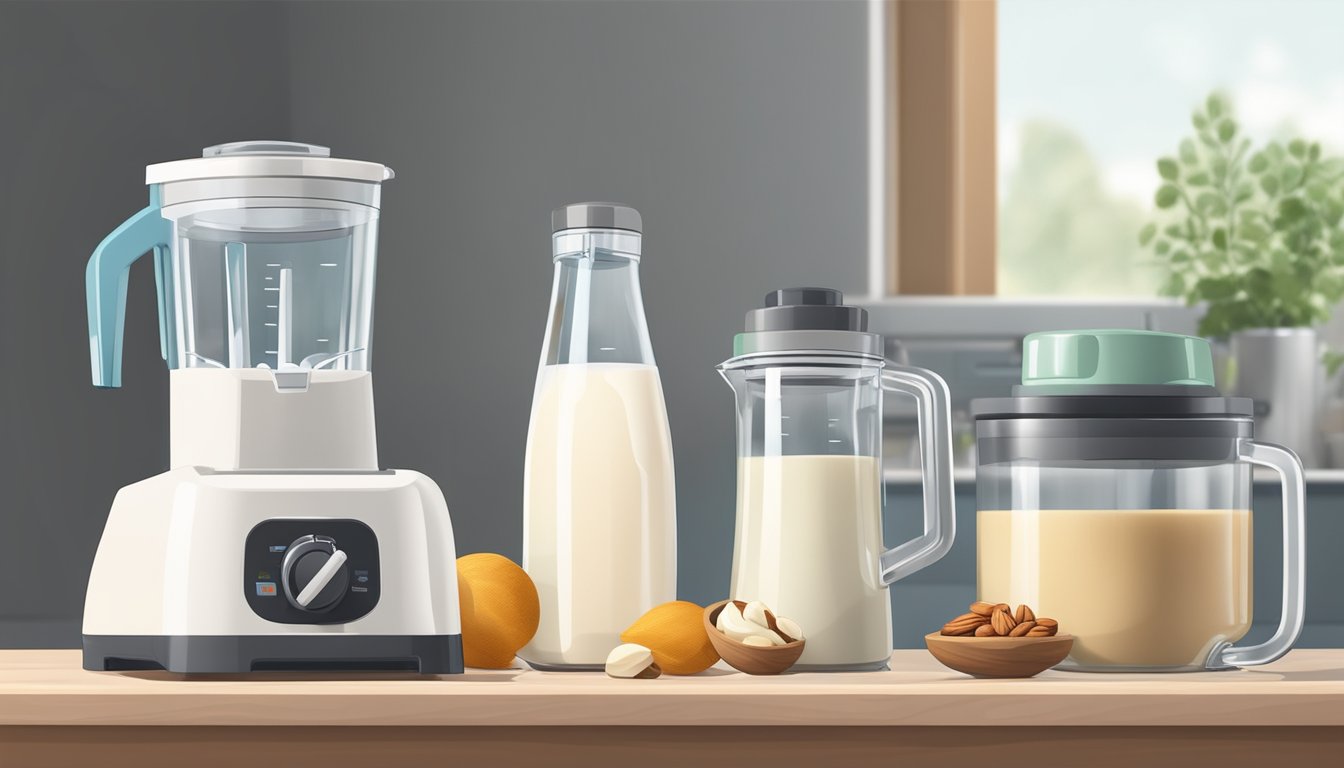 A clean, organized kitchen counter with a blender, various nuts, a nut milk bag, and glass bottles for storing the finished product