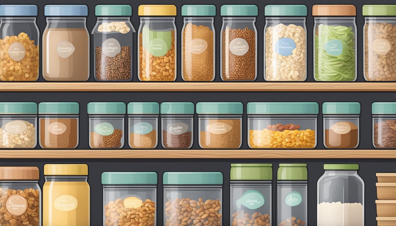 A neatly organized pantry shelf with labeled containers of cereal and granola, alongside baskets and jars for other pantry essentials