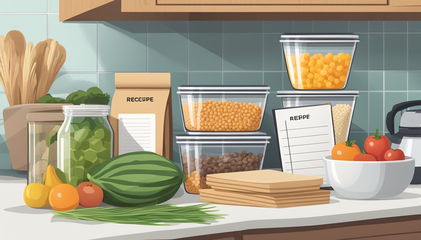 A neatly organized kitchen with labeled containers of fresh produce, whole grains, and lean proteins. A stack of recipe books and a notepad sit on the counter