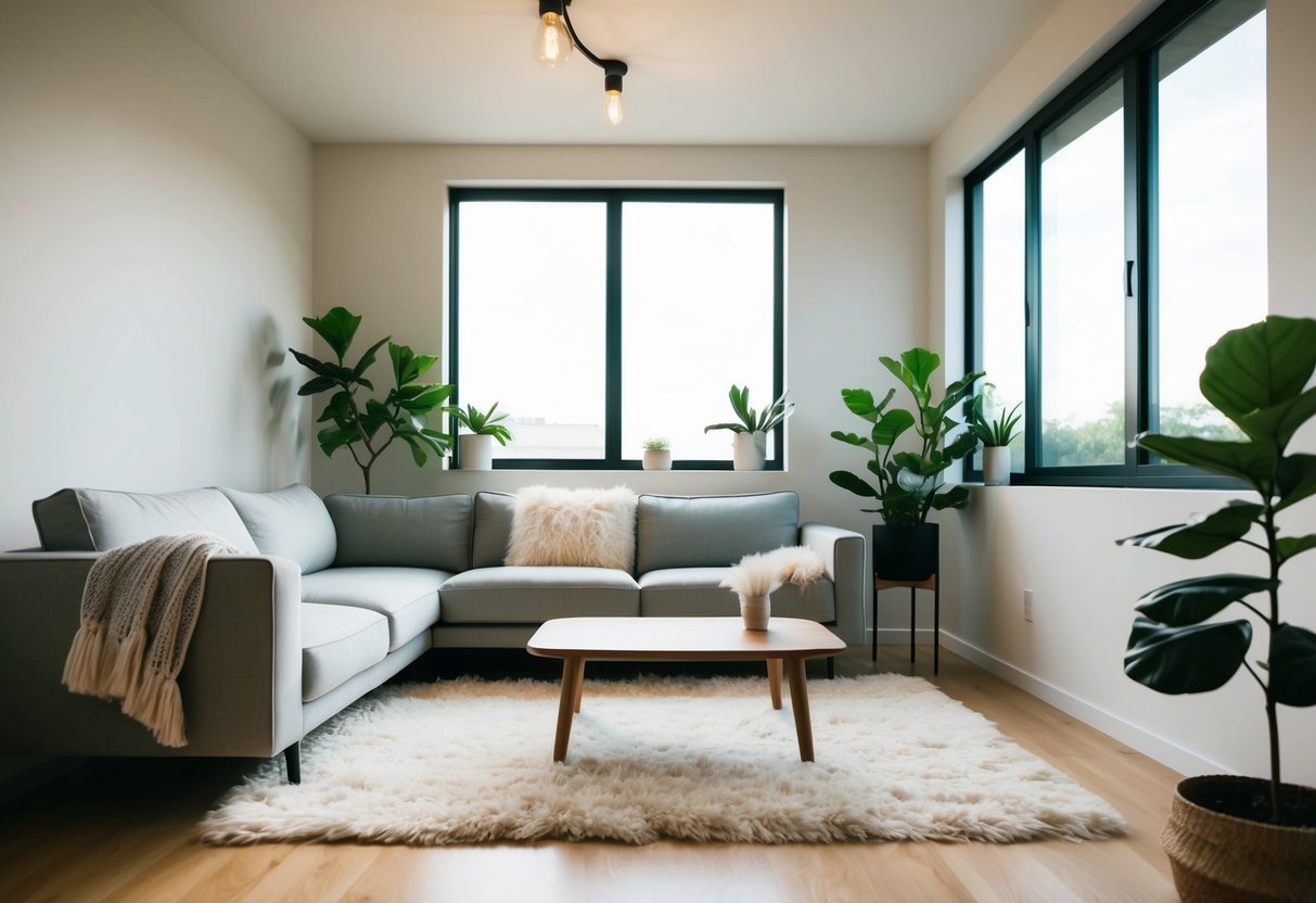 Ein gemütliches Wohnzimmer mit einem eleganten, minimalistischen Sofa, einem Holztisch und einem flauschigen Teppich. Ein großes Fenster lässt viel natürliches Licht herein, und Topfpflanzen bringen einen Hauch von Grün.