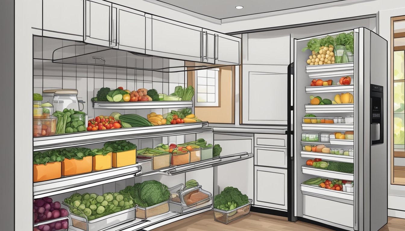 A neatly organized kitchen with labeled containers of fresh fruits, vegetables, and lean proteins. A meal plan calendar is displayed on the fridge