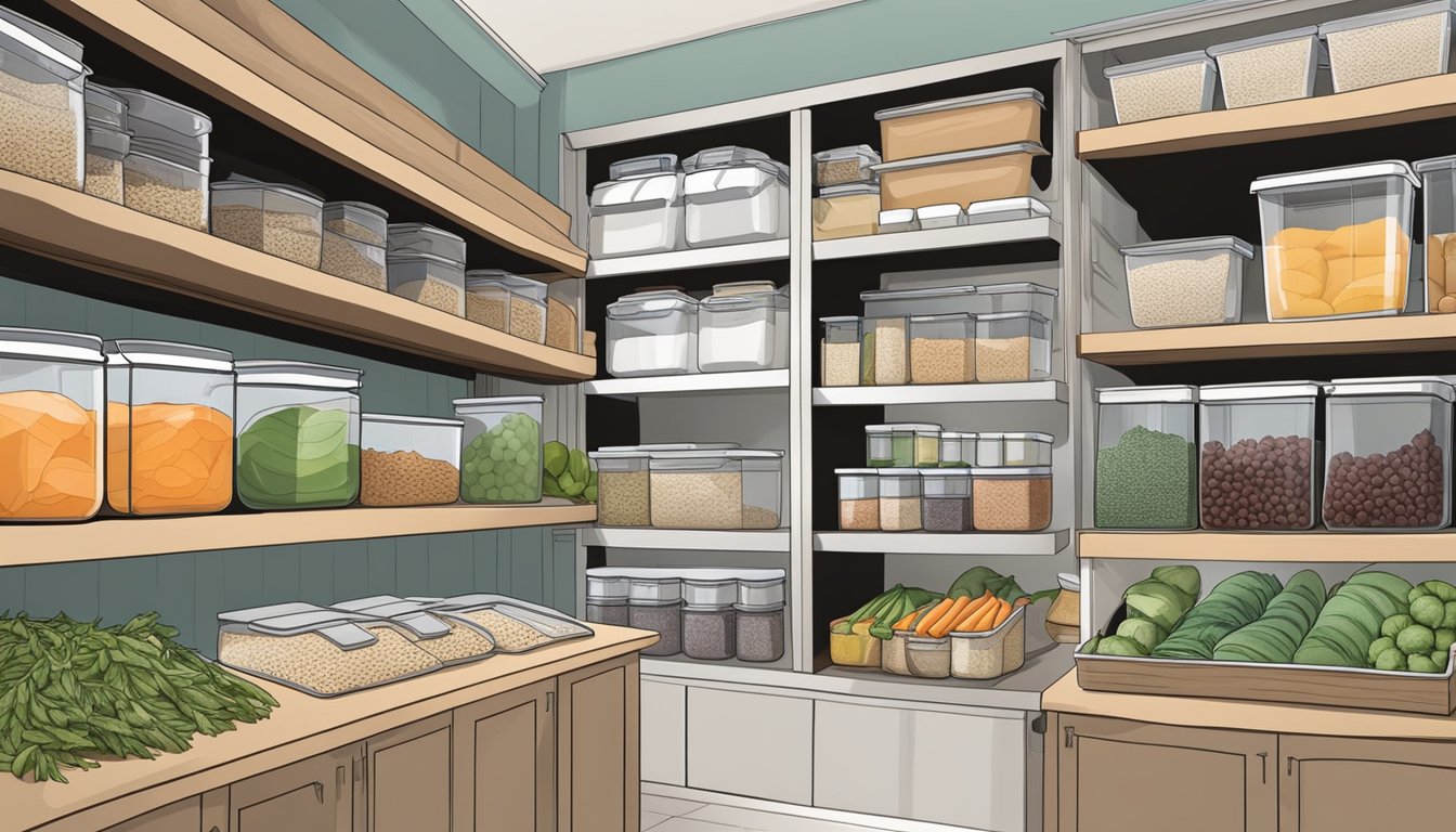 A clean, organized kitchen with labeled containers of fresh produce, whole grains, and lean proteins. The pantry is stocked with non-dairy alternatives and gluten-free options